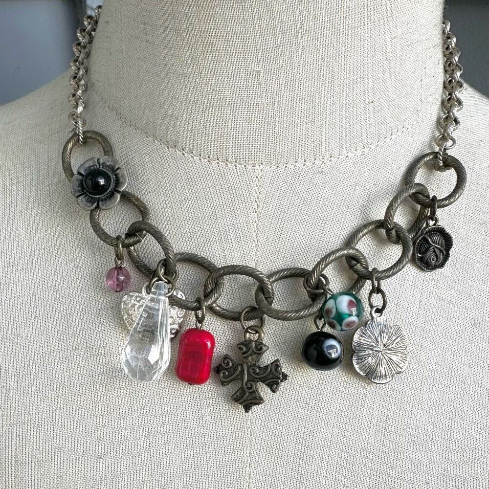 Heart cross flower beaded charm necklace